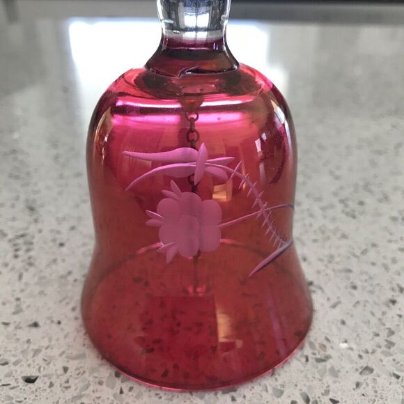 Vintage Cranberry Glass Bell With Etched Flower, 5 1/2” - Picture 2 of 4